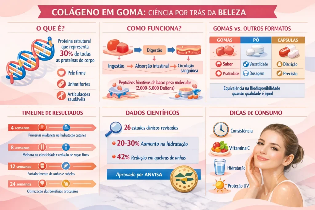 Infográfico científico: colágeno em goma funciona? Comparativo completo de biodisponibilidade gomas vs pó vs cápsulas, timeline de resultados em 4-24 semanas e 26 estudos comprovados. Aprovado por ANVISA.