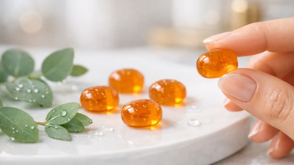 Mãos com unhas saudáveis e pele luminosa segurando goma de colágeno hidrolisado - beauty jelly para firmeza e rejuvenescimento