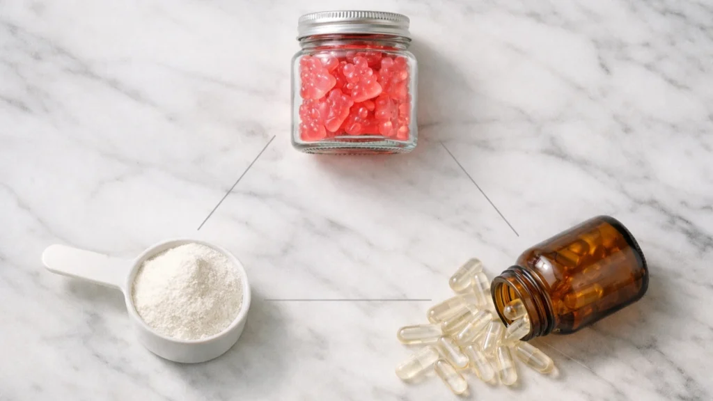 Comparação visual entre colágeno em goma, pó e cápsulas - análise de biodisponibilidade e conveniência