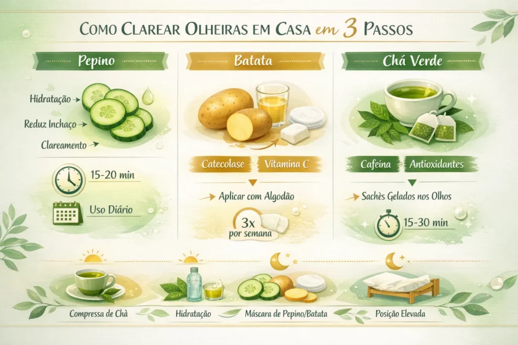 Infográfico ilustrado mostrando como clarear olheiras em casa com 3 ingredientes naturais: pepino para hidratação e redução de inchaço, batata com catecolase e vitamina C para clareamento, e chá verde com cafeína e antioxidantes. Inclui rotina de 24 horas com compressa de chá, hidratação, máscara noturna e posição elevada para dormir.