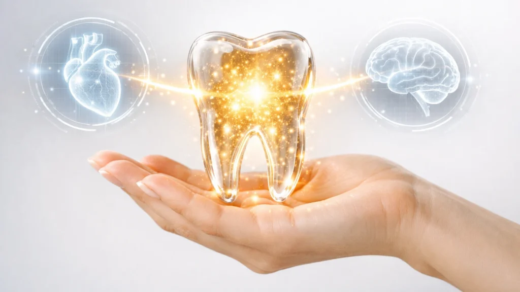 O Biohacking Dental Revela: Seu Sorriso Comanda Sua Saúde Total Biohacking dental: conexão sistêmica entre saúde bucal, coração e cérebro representada por dente brilhante em mãos femininas com ícones holográficos