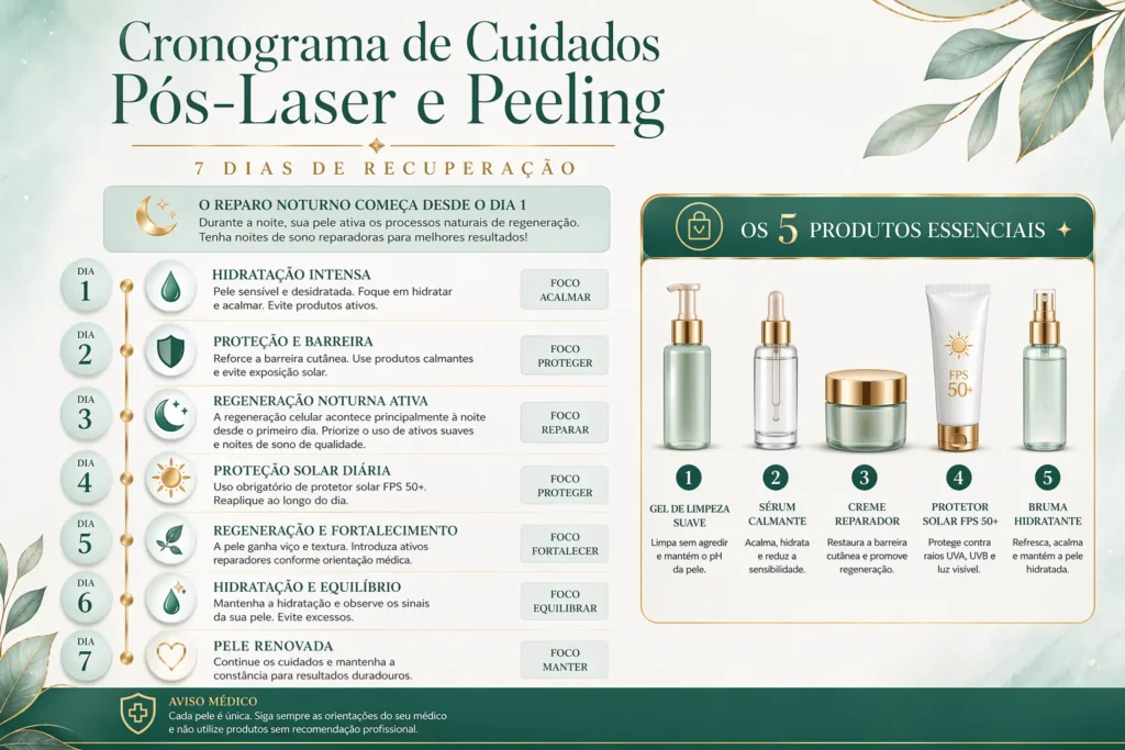 Infográfico completo com cronograma de 7 dias de recuperação pós-laser e peeling, mostrando os 5 produtos essenciais para cicatrização rápida e proteção solar diária