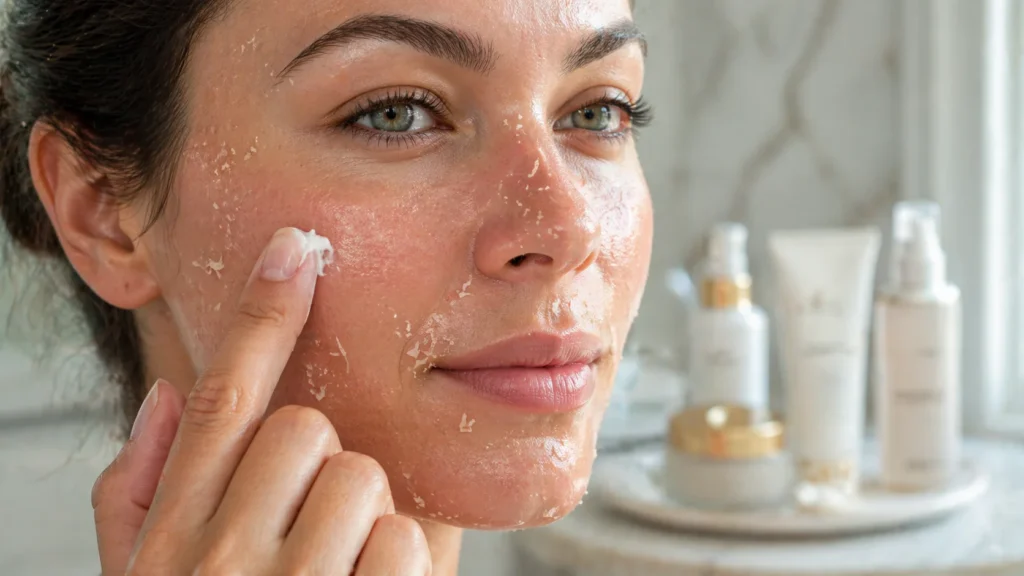 Mulher no quinto dia de recuperação pós-laser aplicando bálsamo reparador durante a fase natural de descamação da pele, demonstrando cuidados pós-procedimento estético