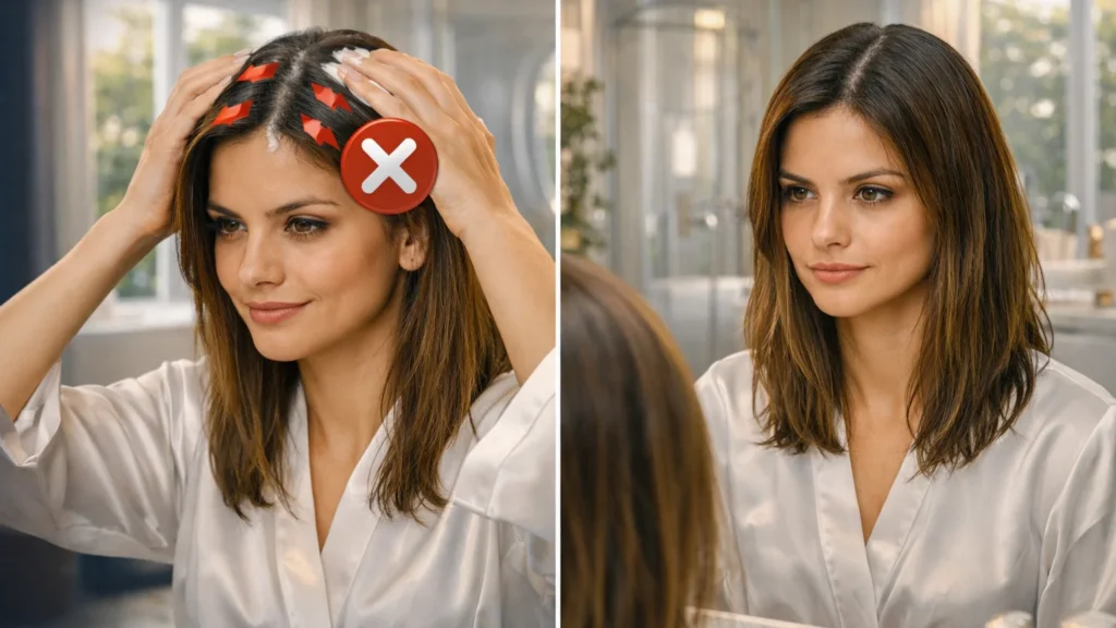 Erro fatal ao usar Eudora Siàge Volume Imediato: mulher aplicando condicionador na raiz do cabelo com ícone de proibido vermelho, ao lado resultado de fios pesados, oleosos e sem volume. Infográfico visual mostrando o que NÃO fazer para manter o efeito volumizador do tratamento capilar.