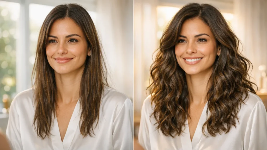Antes e depois real com Eudora Siàge Volume Imediato: cabelo fino e sem vida transformado em fios volumosos, ondulados e brilhantes em apenas 7 dias de uso