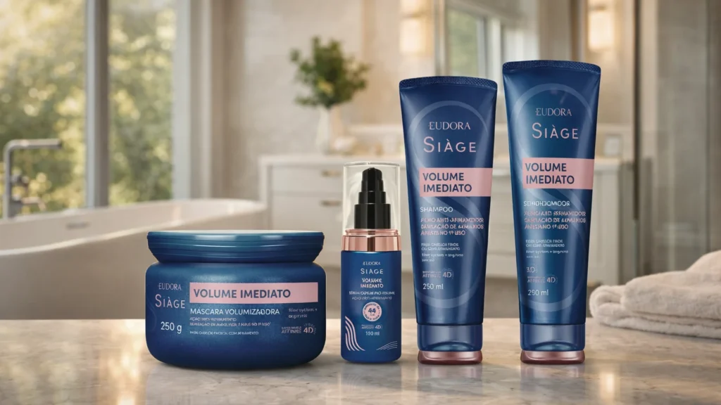 Linha completa Eudora Siàge Volume Imediato em banheiro luxuoso: máscara volumizadora 250g, sérum capilar 100ml, shampoo e condicionador 250ml com tecnologia 4D. Produtos azul-rosa para cabelos finos sem volume. Resultado real de mega hair em frasco após 7 dias de uso.