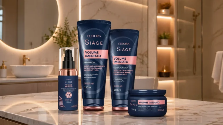 Linha completa Eudora Siàge Volume Imediato em banheiro de luxo: shampoo 250ml, condicionador 200ml, máscara volumeadora 250g e sérum 100ml com tecnologia Affinite 4D, ácido anti-afinamento, extrato de bambu e raízes do yuzu.