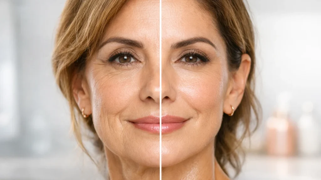 Resultados reais de tratamento facial com microcorrente Foreo Bear 2: mulher de 50 anos mostra redução de rugas, firmeza da pele e contorno facial lifting antes e depois de 21 dias de uso consistente com tecnologia Anti-Shock System aprovada pela FDA