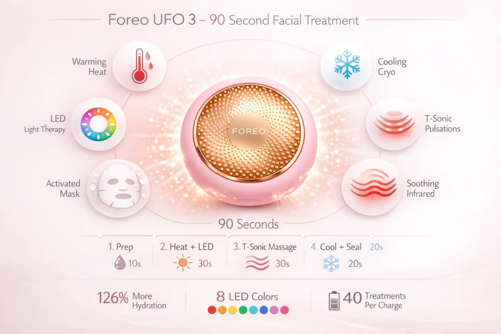 Foreo UFO 3 Vale a Pena? Veja as 6 Tecnologias que Transformam sua Pele em 90 Segundos Infográfico Foreo UFO 3: 6 tecnologias em 90 segundos - termoterapia, crioterapia, T-Sonic, LED, infravermelho e máscaras ativadas. Resultados comprovados: 126% mais hidratação, 8 cores LED, 40 tratamentos por carga. Review 2026.