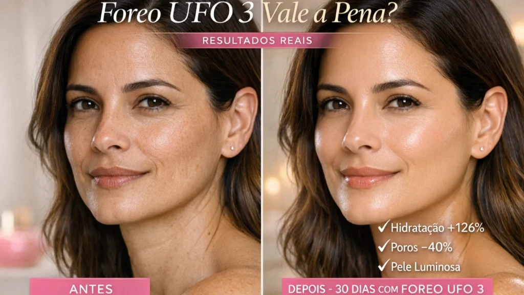 Foreo UFO 3 Vale a Pena? Prova Real: Antes e Depois de 30 Dias com Hidratação +126% Foreo UFO 3 vale a pena? Resultado real antes e depois de 30 dias de uso diário: hidratação 126% maior, poros 40% menos visíveis, pele luminosa e viço saudável comprovados em teste real