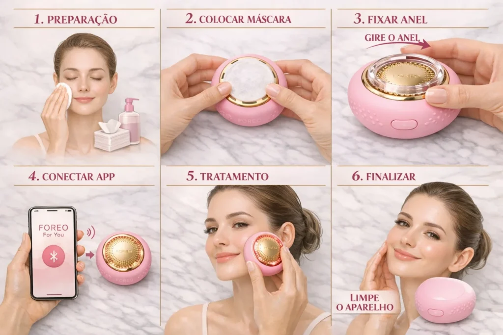 Foreo UFO 3 Vale a Pena? Como Usar: Tutorial Visual em 6 Etapas Simples (90 Segundos) Como usar Foreo UFO 3: tutorial visual passo a passo em 6 etapas — preparação da pele, colocar máscara, fixar anel girando, conectar app Foreo For You, tratamento 90 segundos com LED, finalizar limpando aparelho — guia prático completo para máximos resultados de hidratação e rejuvenescimento facial