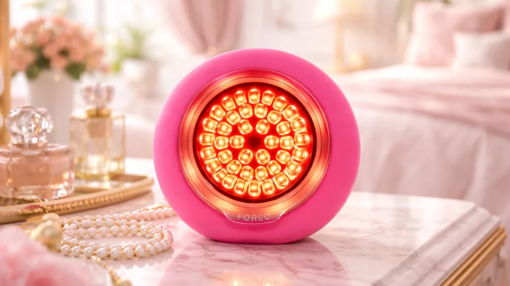 Foreo UFO 3 dispositivo facial LED rosa com luzes vermelhas acesas em tratamento de fototerapia para rejuvenescimento em 90 segundos