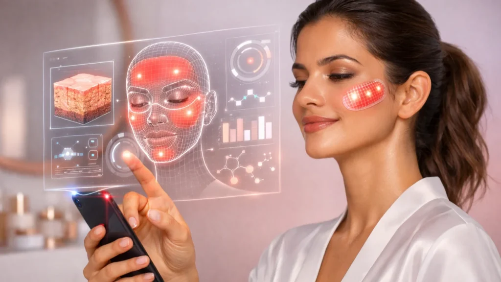 O Futuro da Beleza: Como IA, Wearables e Biotecnologia vão Revolucionar a Bioestimulação por Luz de Frequência em 2026 Mulher brasileira com pele luminosa usando smartphone para controlar interface holográfica de IA que mapeia áreas de tratamento de bioestimulação por luz de frequência. Wearable LED flexível aplicado na bochecha emite luz vermelha terapêutica 630-700nm. Tecnologia futurista 2026: inteligência artificial personaliza protocolos, patches eletrônicos liberam fotobiomodulação contínua, análise molecular preditiva. Beauty tech meets biotecnologia para rejuvenescimento cutâneo não-invasivo. Fundo minimalista, estética de autocuidado científico empoderado.