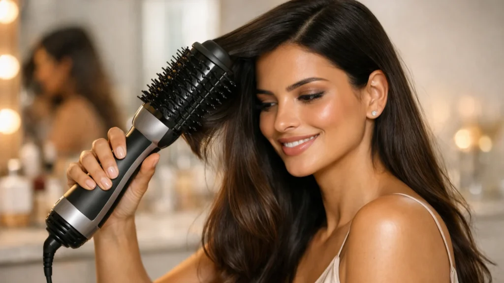 Mulher usando escova secadora em rotina matinal, cabelo longo com brilho intenso e volume natural. Resultado prático da melhor escova secadora 2026 no dia a dia, com técnica correta de secagem e modelagem.