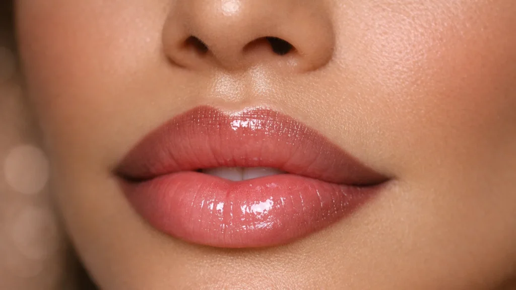 Técnica Halo Lips aplicada: contorno frio esfumado nas bordas, batom nude-rosa no centro, gloss no arco do cupido e iluminador para efeito de lábios volumosos sem preenchimento