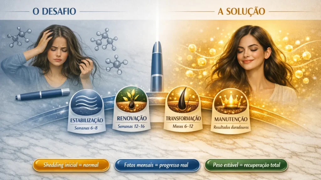 Cronograma Clínico: 4 Fases Comprovadas Para Recuperar o Cabelo Após Ozempic em 12 Meses Infográfico médico premium mostrando jornada completa de recuperação capilar em 4 fases após queda por uso de semaglutida (Ozempic): estabilização (semanas 6-8) com redução da queda, renovação (semanas 12-16) com nascimento de baby hairs, transformação (meses 6-12) com comprimento significativo, e manutenção com resultados duradouros. Visual antes e depois comparativo com mulher preocupada versus confiante, incluindo alertas sobre shedding inicial normal, fotografia documental mensal e estabilização do peso como marco crítico para recuperação total do cabelo.