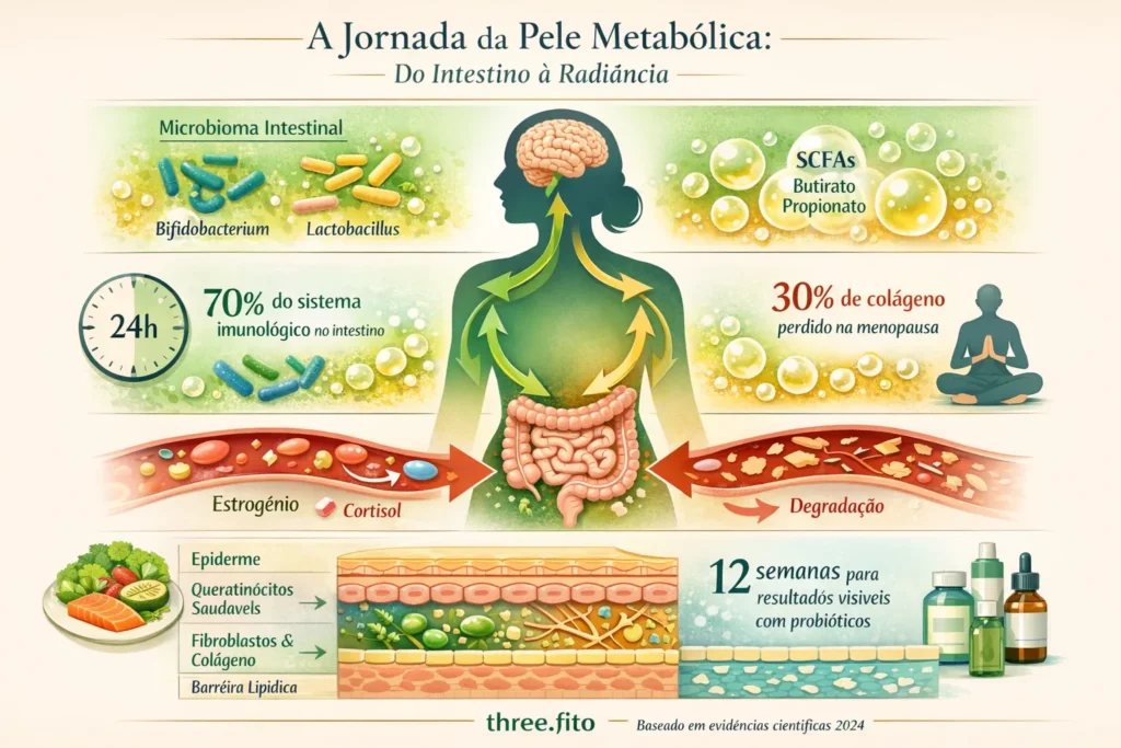 Infográfico científico "A Jornada da Pele Metabólica: Do Intestino à Radiância" mostrando o eixo intestino-pele-cérebro com microbioma intestinal (Bifidobacterium e Lactobacillus), produção de SCFAs (butirato e propionato), fluxo hormonal de estrogênio e cortisol, degradação do colágeno na menopausa (30% de perda), sistema imunológico intestinal (70%), ciclo circadiano 24h, camadas da pele com queratinócitos saudáveis, fibroblastos ativos produzindo colágeno e barreira lipídica intacta, alimentos fermentáveis, meditação para redução de cortisol, e resultados em 12 semanas com probióticos dermatológicos — Three Fito 2024