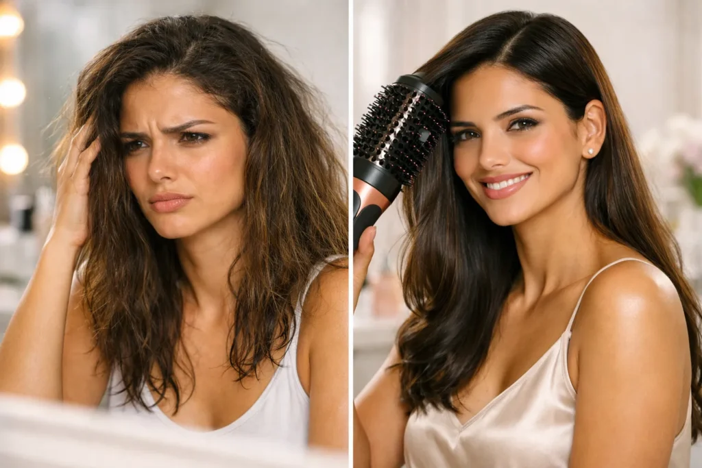Transformação capilar com melhor escova secadora 2026: mulher com cabelo frizzado e sem brilho no lado esquerdo, e no lado direito com cabelo liso, brilhante e volumoso usando escova secadora cerâmica com íons