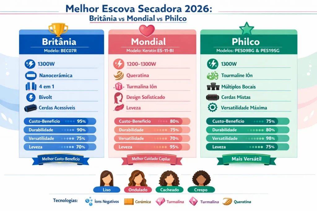 Infográfico comparativo da melhor escova secadora 2026: Britânia BEC07R vs Mondial Keratin ES-11-BI vs Philco PES09BG e PES19SG. Veja potência, tecnologias, custo-benefício, durabilidade, versatilidade e leveza de cada marca. Descubra qual é a campeã para o seu tipo de cabelo.
