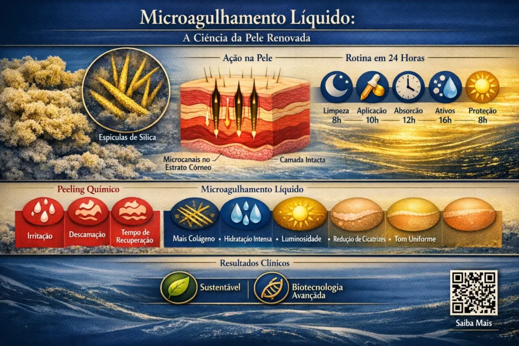 Microagulhamento Líquido: A Ciência da Pele Renovada — Infográfico Completo 2026 Infográfico científico do Microagulhamento Líquido mostrando espículas de sílica de esponjas marinhas, microcanais no estrato córneo, rotina completa em 24 horas (limpeza, aplicação, absorção, ativos, proteção) e comparação visual entre peeling químico (irritação, descamação, tempo de recuperação) versus benefícios do microagulhamento líquido: mais colágeno, hidratação intensa, luminosidade, redução de cicatrizes e tom uniforme. Tecnologia coreana sustentável de biotecnologia avançada para rejuvenescimento cutâneo doméstico. Guia visual completo 2026.