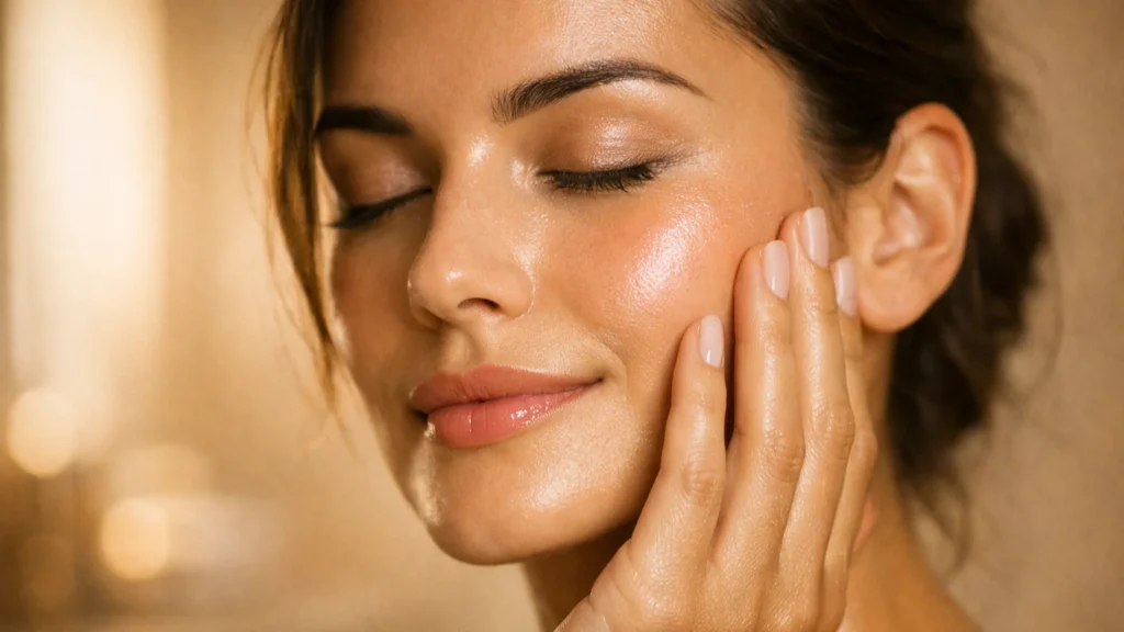 Microagulhamento Líquido: O Momento em que a Pele Absorve Tudo Mulher em ritual noturno de skincare aplicando Microagulhamento Líquido com expressão de bem-estar, pele com brilho natural de hidratação profunda e textura receptiva à absorção de ativos cosméticos