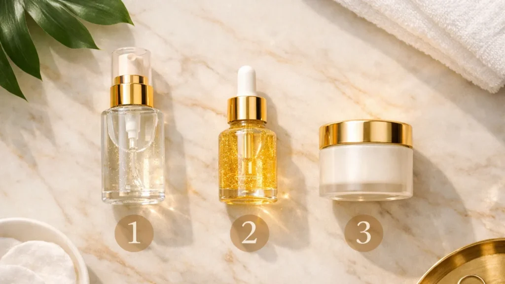 Microagulhamento Líquido: 3 Passos que Eliminam Erros Críticos Rotina organizada de Microagulhamento Líquido em três passos sequenciais: limpeza, ativação com espículas douradas e hidratação protetora, disposição em mármore com numeração visual para evitar erros críticos de aplicação