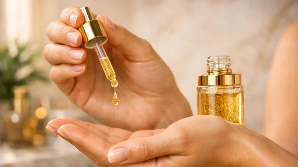 Microagulhamento Líquido: A Gota de Ouro que Transforma sua Pele Mãos femininas com gota de sérum dourado de Microagulhamento Líquido suspensa no conta-gotas, frasco de vidro elegante ao fundo, momento preciso do ritual noturno de skincare para penetração profunda de ativos