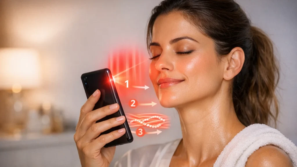 Protocolo Passo a Passo: Ativando o Colágeno com Luz de Frequência do Celular Mulher de 40 anos aplicando fototerapia caseira com lanterna de celular, luz vermelha 630nm ativando colágeno facial em rotina de skincare noturno. Resultado de pele rejuvenescida sem aparelhos caros.