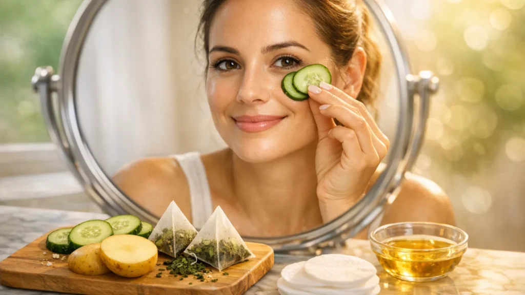 Mulher sorrindo aplicando fatia de pepino fresco sob o olho em frente ao espelho, com ingredientes naturais de cozinha para clarear olheiras: pepino, batata e chá verde dispostos em bancada de mármore