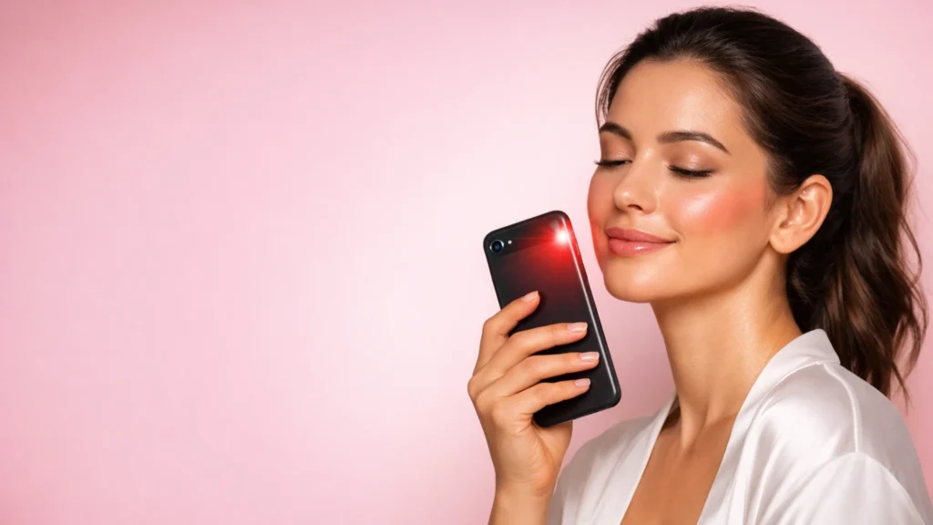 Mulher brasileira com pele luminosa e saudável usando smartphone para tratamento de bioestimulação por luz de frequência vermelha em casa. Lanterna do celular emitindo luz terapêutica 630-700nm para ativação de colágeno e rejuvenescimento cutâneo. Expressão serena de bem-estar, fundo rosa minimalista, estética de autocuidado inteligente. Guia 2026.