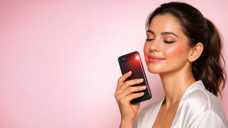 Mulher brasileira com pele luminosa e saudável usando smartphone para tratamento de bioestimulação por luz de frequência vermelha em casa. Lanterna do celular emitindo luz terapêutica 630-700nm para ativação de colágeno e rejuvenescimento cutâneo. Expressão serena de bem-estar, fundo rosa minimalista, estética de autocuidado inteligente. Guia 2026.