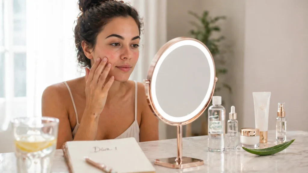 Mulher no primeiro dia de cuidados pós-laser e peeling tocando a pele sensível no espelho iluminado, com produtos dermatológicos essenciais para recuperação em 7 dias — água micelar, sérum calmante, hidratante reparador e protetor solar mineral sobre penteadeira de mármore