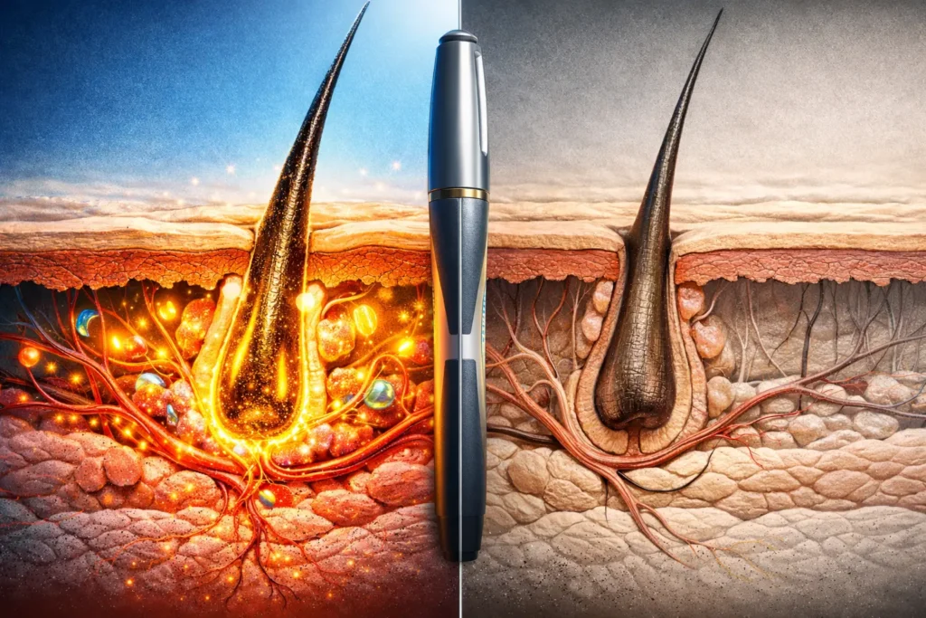 Ozempic Hair: O Que Acontece no Folículo Capilar? Comparação Científica Antes e Depois Ilustração médica comparativa mostrando folículo capilar saudável com nutrientes ativos versus folículo em queda por teleogen effluvium induzido por Ozempic (semaglutida). À esquerda: fase anágena com vascularização rica e brilho dourado indicando saúde capilar. À direita: fase telógena com redução vascular e aspecto desvitalizado. Caneta de Ozempic no centro simboliza o uso de agonistas GLP-1 como fator de queda capilar.