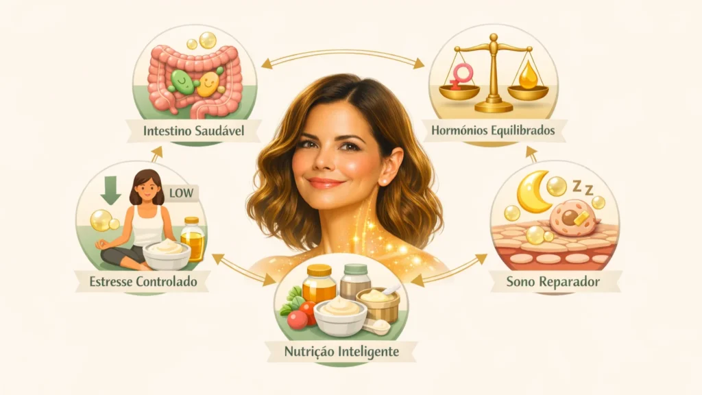 Infográfico ilustrando a conexão entre a microbiota intestinal, a circulação sanguínea e as camadas dérmicas para a saúde da pele metabólica.