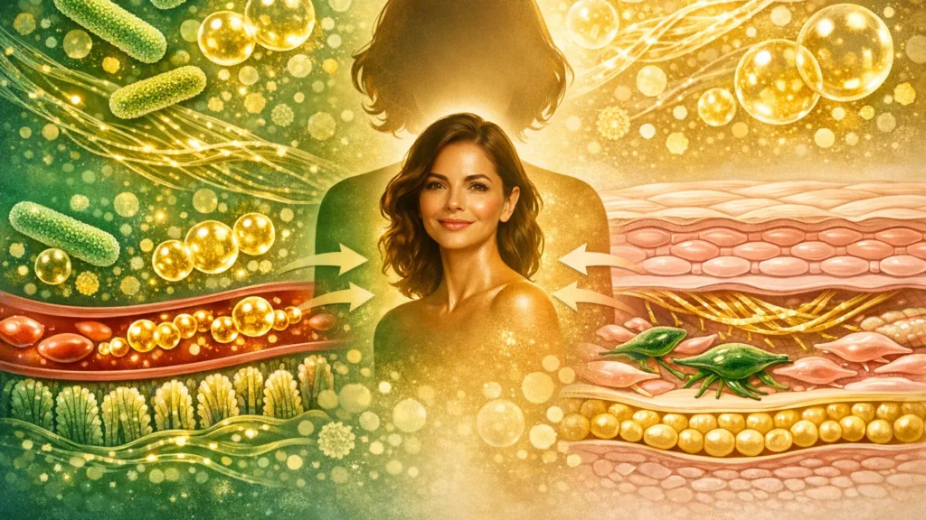 Mulher com mais de 50 anos exibindo pele firme e luminosa. Exemplo de rejuvenescimento natural através do eixo intestino-pele e equilíbrio hormonal na dermatologia moderna.