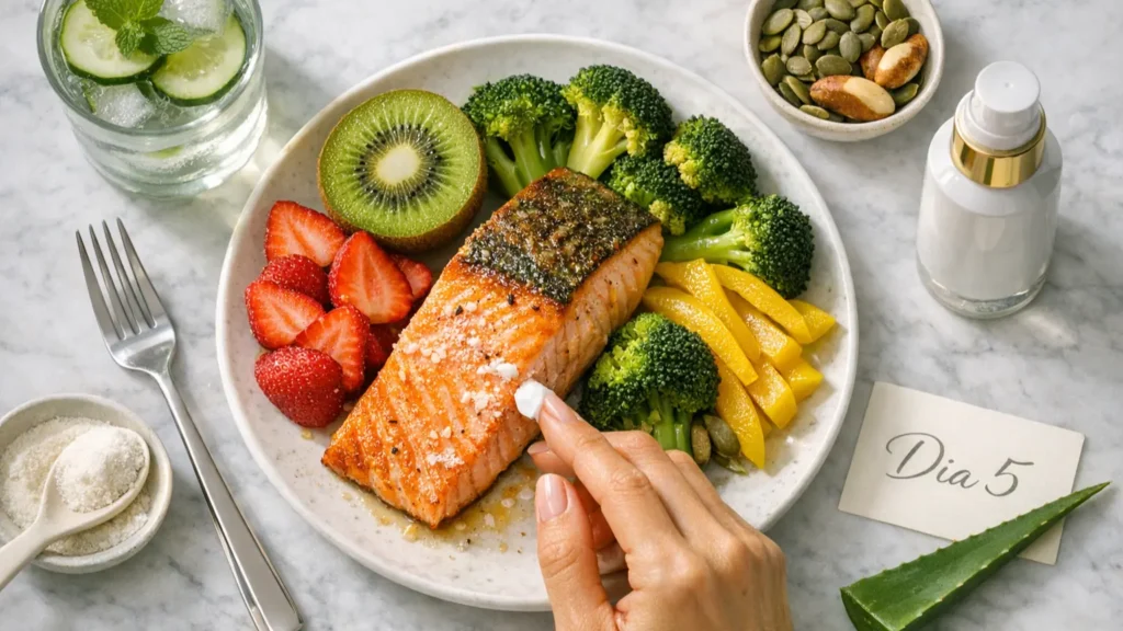 Prato de recuperação no dia 5 pós-laser e peeling com salmão grelhado rico em ômega-3, morangos e kiwi com vitamina C, brócolis, pimentão amarelo, sementes de abóbora e castanhas-do-pará com zinco, água infusada com pepino e colágeno hidrolisado em pó