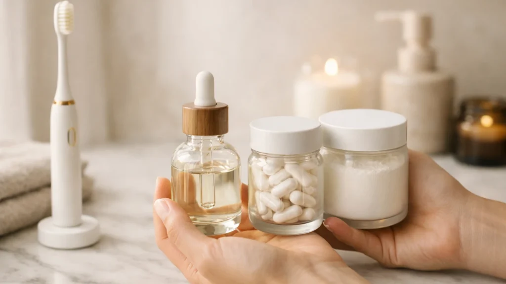 Os 3 Produtos Essenciais do Biohacking Dental Que Estão Revolucionando Sorrisos Kit de biohacking dental com óleo de coco para oil pulling, suplementos de colágeno e probióticos, e escova elétrica sônica em banheiro minimalista