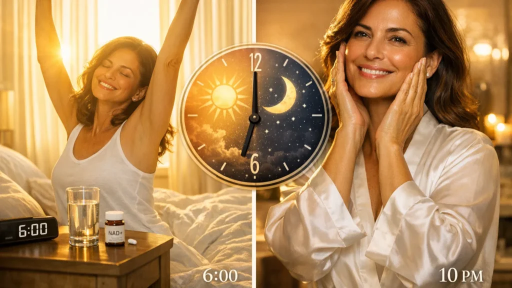 Protocolo 24 horas NAD+: mulher de 50 anos acordando às 6h com energia vital e às 22h com pele radiante, demonstrando transformação celular completa do dia para a noite