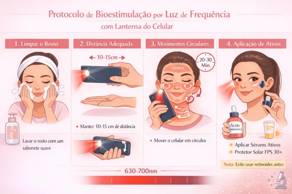 Protocolo Visual: Como Usar a Lanterna do Celular para Ativar Colágeno em 4 Passos Simples Infográfico do protocolo completo de bioestimulação por luz de frequência usando lanterna do celular: 4 passos para ativar colágeno — limpeza facial, distância de 10-15cm, movimentos circulares por 20-30 minutos, aplicação de ácido hialurônico e protetor solar FPS 30+. Espectro de luz vermelha 630-700nm indicado. Guia visual 2026.