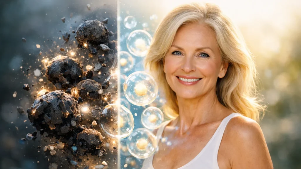 Mulher vibrante de 60 anos com pele firme e luminosa representando o rejuvenescimento celular do Protocolo Senolítico, com visualização científica da eliminação de células zumbis danificadas e regeneração de células saudáveis