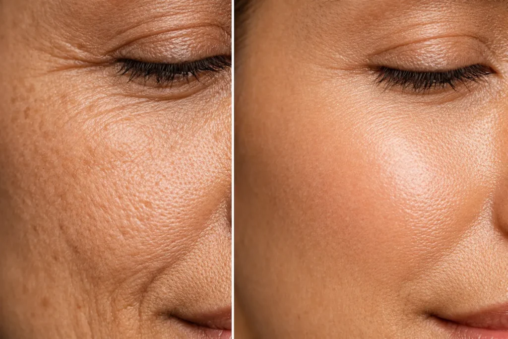 Antes e depois de 8 semanas usando Firmador Pró-Colágeno Sallve: redução de rugas perioculares, pele mais firme, elástica e rejuvenescida com peptídeos Matrixyl e ácido hialurônico