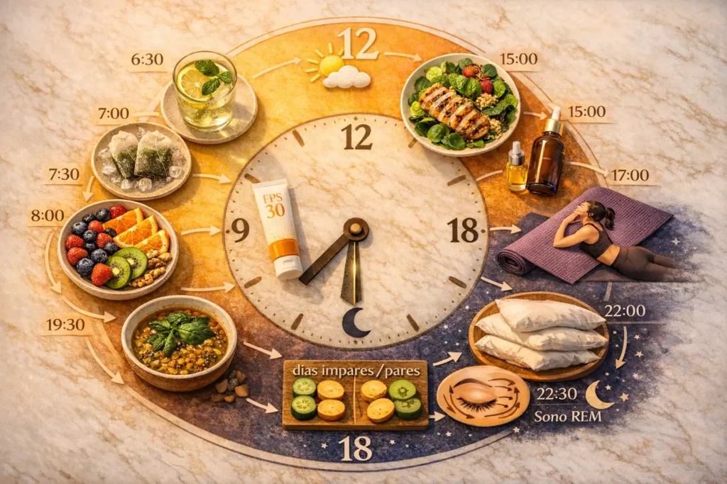 Infográfico circular de rotina completa de 24 horas para clarear olheiras em casa com ingredientes naturais: cronograma manhã-tarde-noite com hidratação, chá verde gelado, FPS 30, alimentação antioxidante, tratamento noturno pepino-batata em dias ímpares-pares, massagem linfática e sono REM
