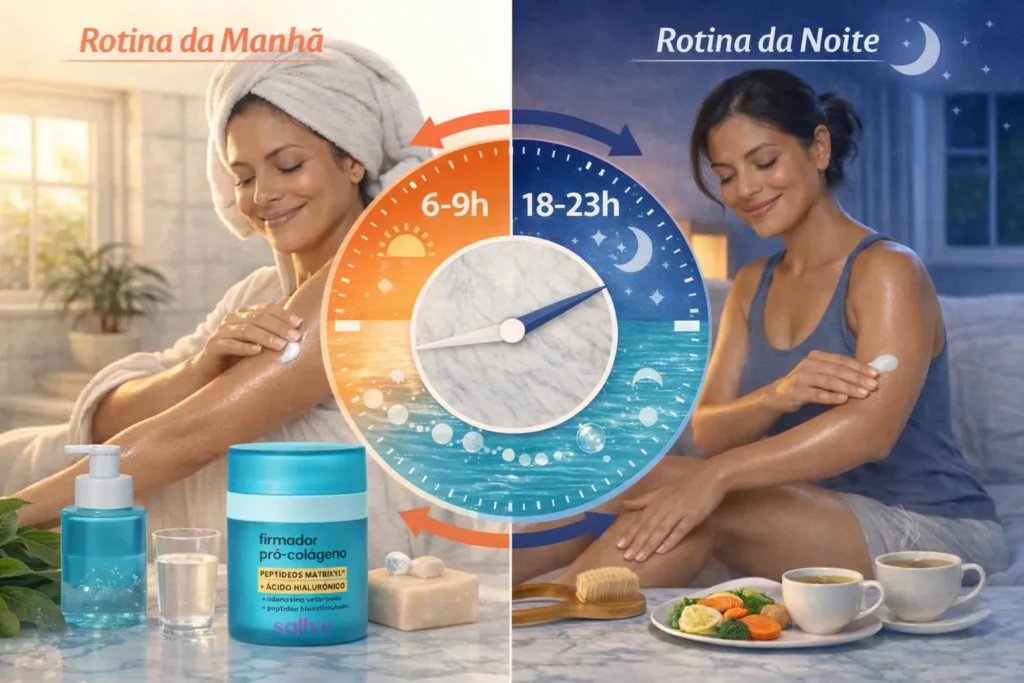 Infográfico rotina 24 horas Firmador Pró-Colágeno Sallve: manhã banho hidratação
protetor solar vs noite esfoliação jantar saudável regeneração celular colágeno