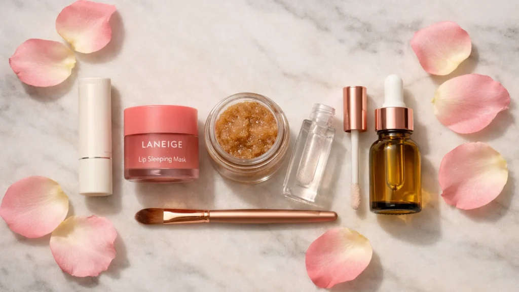 Flat lay de rotina labial diária: balm com ácido hialurônico, máscara noturna Laneige, esfoliante de açúcar, gloss transparente e óleo vegetal dispostos sobre mármore — cuidados essenciais para potencializar o efeito Halo Lips e manter lábios volumosos naturalmente