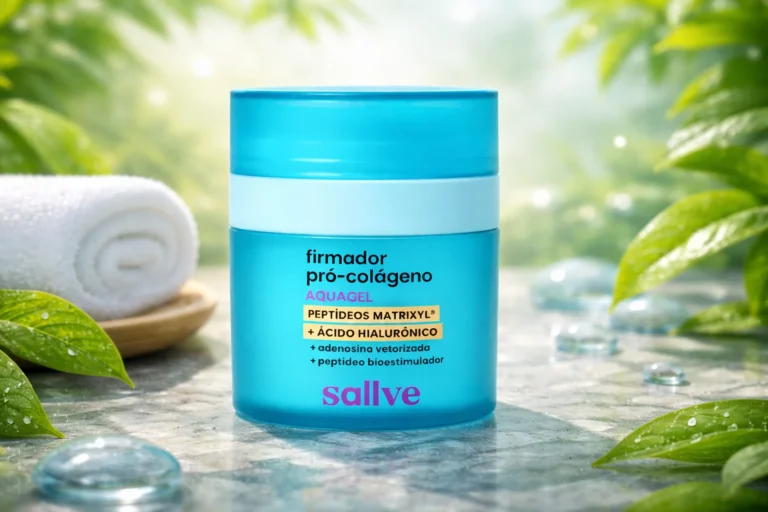 Firmador Pró-Colágeno Aquagel Sallve em frasco azul turquesa com fórmula de peptídeos Matrixyl, ácido hialurônico e adenosina vetorizada para firmeza e rejuvenescimento da pele