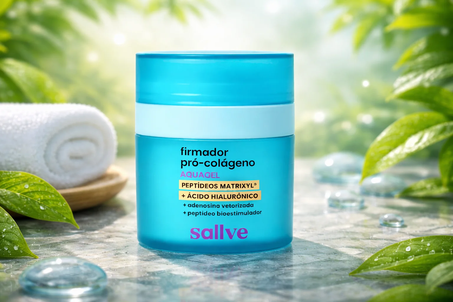 Firmador Pró-Colágeno Aquagel Sallve em frasco azul turquesa com fórmula de peptídeos Matrixyl, ácido hialurônico e adenosina vetorizada para firmeza e rejuvenescimento da pele