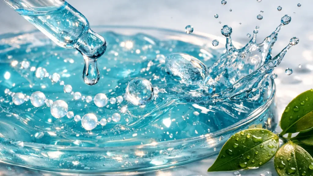 Textura aquagel do Firmador Pró-Colágeno Sallve: gel hidratante azul turquesa com peptídeos bioativos Matrixyl, ácido hialurônico de múltiplos pesos moleculares e extratos naturais para firmeza e rejuvenescimento cutâneo