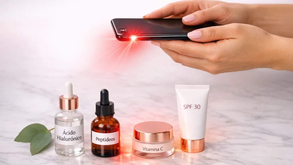 Sinergia Poderosa: Como Potencializar a Bioestimulação por Luz de Frequência com Ácido Hialurônico, Peptídeos, Vitamina C e Proteção Solar Mãos femininas segurando smartphone emitindo luz vermelha terapêutica 630-700nm sobre produtos de skincare em mármore branco. Sinergia de bioestimulação por luz de frequência com ácido hialurônico, peptídeos, vitamina C e protetor solar FPS 30. A luz vermelha ativa fibroblastos e aumenta permeabilidade cutânea para máxima absorção de ativos. Protocolo caseiro de rejuvenescimento, estética de autocuidado científico, fundo minimalista rosa. Guia 2026.