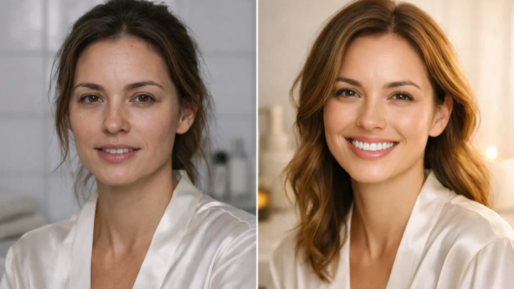 A Transformação Que o Biohacking Dental Pode Criar em 18 Meses Transformação real com biohacking dental: mulher com sorriso renovado, pele radiante e dentes brancos após protocolo de saúde bucal sistêmica