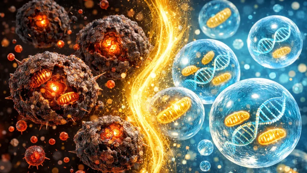 Visualização científica da ação de senolíticos naturais eliminando células senescentes: células zumbis inflamadas com mitocôndrias danificadas sendo transformadas em células jovens saudáveis com DNA intacto através de quercetina e fisetina